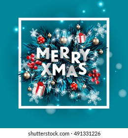 Merry Christmas party invitation and Happy New Year Party Invitation Card Christmas Party poster Holiday design template Christmas decoration fir tree, Pine Branches snowflake, gift box, lights, balls