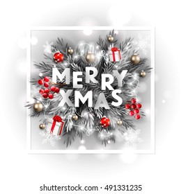 Merry Christmas party invitation and Happy New Year Party Invitation Card Christmas Party poster Holiday design template Christmas decoration fir tree, Pine Branches snowflake, gift box, lights, balls