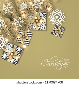 Merry Christmas Party invitation with light brown fir pine branch gift box with light brown bow and snowflake Winter holiday greeting card Christmas traditional decorations tinsel. Xmas ribbon garland