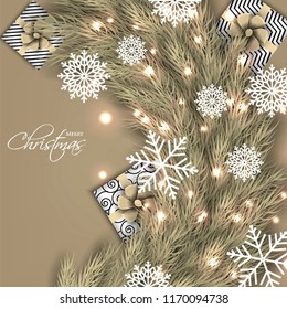 Merry Christmas Party invitation with light brown fir pine branch gift box with light brown bow and snowflake Winter holiday greeting card Christmas traditional decorations tinsel. Xmas ribbon garland