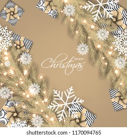 Merry Christmas Party invitation with light brown fir pine branch gift box with light brown bow and snowflake Winter holiday greeting card Christmas traditional decorations tinsel. Xmas ribbon garland