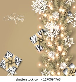 Merry Christmas Party invitation with light brown fir pine branch gift box with light brown bow and snowflake Winter holiday greeting card Christmas traditional decorations tinsel. Xmas ribbon garland