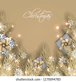 Merry Christmas Party invitation with light brown fir pine branch gift box with light brown bow and snowflake Winter holiday greeting card Christmas traditional decorations tinsel. Xmas ribbon garland