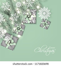 Merry Christmas Party invitation with light green fir pine branch gift box with light green bow and snowflake Winter holiday greeting card Christmas traditional decorations tinsel. Xmas ribbon garland