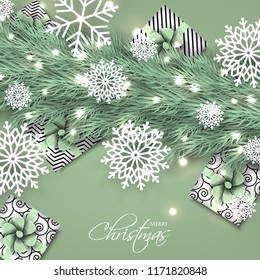 Merry Christmas Party invitation with light green fir pine branch gift box with light green bow and snowflake Winter holiday greeting card Christmas traditional decorations tinsel. Xmas ribbon garland