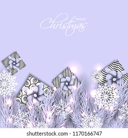 Merry Christmas Party invitation with liht violet fir pine branch gift box with pink bow and snowflake Winter holiday greeting card Christmas traditional decorations tinsel. Xmas ribbon garland vector