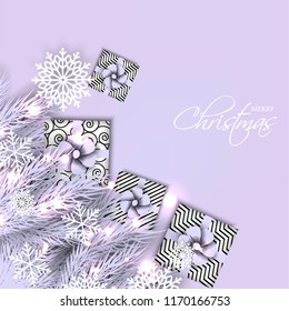 Merry Christmas Party invitation with liht violet fir pine branch gift box with pink bow and snowflake Winter holiday greeting card Christmas traditional decorations tinsel. Xmas ribbon garland vector