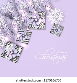 Merry Christmas Party invitation with liht violet fir pine branch gift box with pink bow and snowflake Winter holiday greeting card Christmas traditional decorations tinsel. Xmas ribbon garland vector