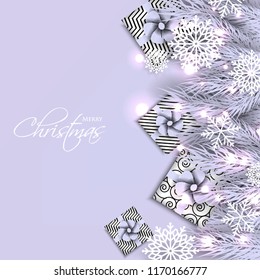 Merry Christmas Party invitation with liht violet fir pine branch gift box with pink bow and snowflake Winter holiday greeting card Christmas traditional decorations tinsel. Xmas ribbon garland vector