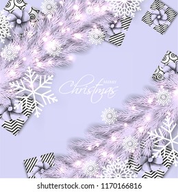 Merry Christmas Party invitation with liht violet fir pine branch gift box with pink bow and snowflake Winter holiday greeting card Christmas traditional decorations tinsel. Xmas ribbon garland vector
