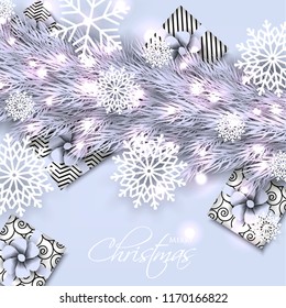 Merry Christmas Party invitation with liht violet fir pine branch gift box with pink bow and snowflake Winter holiday greeting card Christmas traditional decorations tinsel. Xmas ribbon garland vector