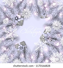 Merry Christmas Party invitation with liht violet fir pine branch gift box with pink bow and snowflake Winter holiday greeting card Christmas traditional decorations tinsel. Xmas ribbon garland vector