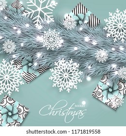 Merry Christmas Party invitation with liht blue fir pine branch gift box with  bow and snowflake Winter holiday greeting card Christmas traditional decorations tinsel. Xmas ribbon garland vector