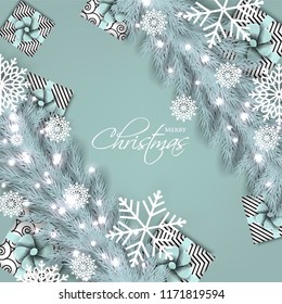 Merry Christmas Party invitation with liht blue fir pine branch gift box with  bow and snowflake Winter holiday greeting card Christmas traditional decorations tinsel. Xmas ribbon garland vector