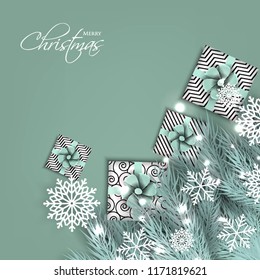 Merry Christmas Party invitation with liht blue fir pine branch gift box with  bow and snowflake Winter holiday greeting card Christmas traditional decorations tinsel. Xmas ribbon garland vector