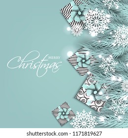Merry Christmas Party invitation with liht blue fir pine branch gift box with  bow and snowflake Winter holiday greeting card Christmas traditional decorations tinsel. Xmas ribbon garland vector