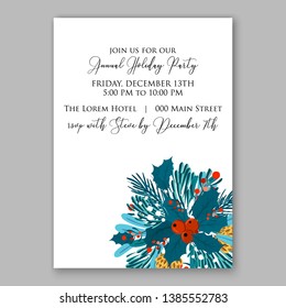 Merry Christmas Party Invitation needle greenery wreath cranberry holly fir pine cone winter floral vector illustration