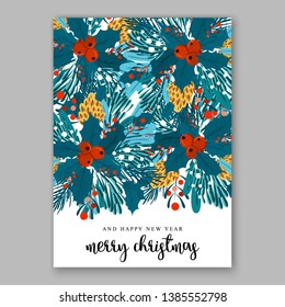 Merry Christmas Party Invitation needle greenery wreath cranberry holly fir pine cone winter floral vector illustration