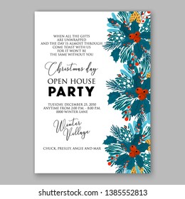 Merry Christmas Party Invitation needle greenery wreath cranberry holly fir pine cone winter floral vector illustration