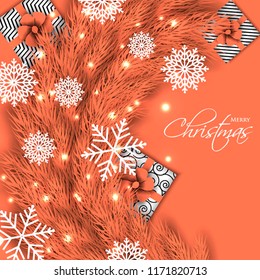 Merry Christmas Party invitation with peach fir pine branch gift box with peach bow and snowflake Winter holiday greeting card Christmas traditional decorations tinsel. Xmas ribbon garland vector