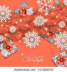Merry Christmas Party invitation with peach fir pine branch gift box with peach bow and snowflake Winter holiday greeting card Christmas traditional decorations tinsel. Xmas ribbon garland vector