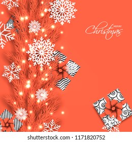 Merry Christmas Party invitation with peach fir pine branch gift box with peach bow and snowflake Winter holiday greeting card Christmas traditional decorations tinsel. Xmas ribbon garland vector