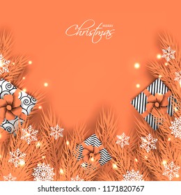 Merry Christmas Party invitation with peach fir pine branch gift box with peach bow and snowflake Winter holiday greeting card Christmas traditional decorations tinsel. Xmas ribbon garland vector