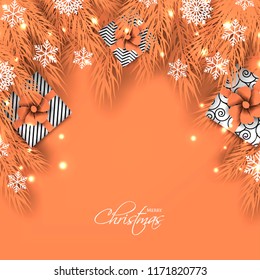 Merry Christmas Party invitation with peach fir pine branch gift box with peach bow and snowflake Winter holiday greeting card Christmas traditional decorations tinsel. Xmas ribbon garland vector
