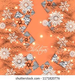 Merry Christmas Party invitation with peach fir pine branch gift box with peach bow and snowflake Winter holiday greeting card Christmas traditional decorations tinsel. Xmas ribbon garland vector