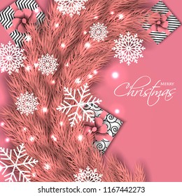 Merry Christmas Party invitation with pink fir pine branch gift box with pink bow and snowflake Winter holiday greeting card Christmas traditional decorations tinsel. Xmas ribbon garland vector