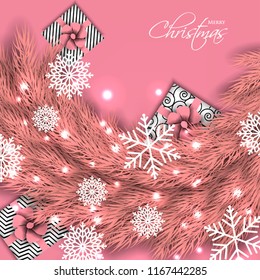 Merry Christmas Party invitation with pink fir pine branch gift box with pink bow and snowflake Winter holiday greeting card Christmas traditional decorations tinsel. Xmas ribbon garland vector