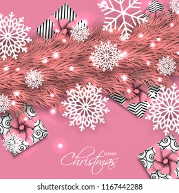 Merry Christmas Party invitation with pink fir pine branch gift box with pink bow and snowflake Winter holiday greeting card Christmas traditional decorations tinsel. Xmas ribbon garland vector