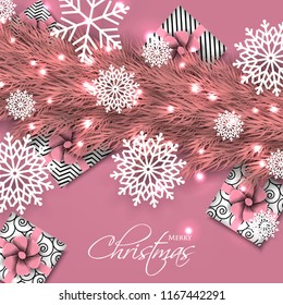Merry Christmas Party invitation with pink fir pine branch gift box with pink bow and snowflake Winter holiday greeting card Christmas traditional decorations tinsel. Xmas ribbon garland vector