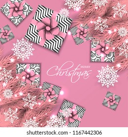 Merry Christmas Party invitation with pink fir pine branch gift box with pink bow and snowflake Winter holiday greeting card Christmas traditional decorations tinsel. Xmas ribbon garland vector