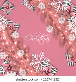 Merry Christmas Party invitation with pink fir pine branch gift box with pink bow and snowflake Winter holiday greeting card Christmas traditional decorations tinsel. Xmas ribbon garland vector