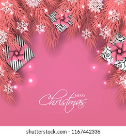 Merry Christmas Party invitation with pink fir pine branch gift box with pink bow and snowflake Winter holiday greeting card Christmas traditional decorations tinsel. Xmas ribbon garland vector