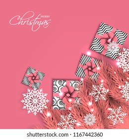 Merry Christmas Party invitation with pink fir pine branch gift box with pink bow and snowflake Winter holiday greeting card Christmas traditional decorations tinsel. Xmas ribbon garland vector