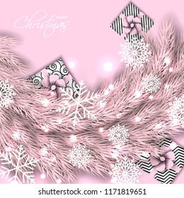 Merry Christmas Party invitation with pink fir pine branch gift box with pink bow and snowflake Winter holiday greeting card Christmas traditional decorations tinsel. Xmas ribbon garland vector