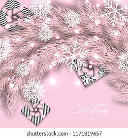 Merry Christmas Party invitation with pink fir pine branch gift box with pink bow and snowflake Winter holiday greeting card Christmas traditional decorations tinsel. Xmas ribbon garland vector