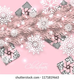 Merry Christmas Party invitation with pink fir pine branch gift box with pink bow and snowflake Winter holiday greeting card Christmas traditional decorations tinsel. Xmas ribbon garland vector