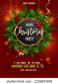 Merry Christmas party invitation poster with main information vector. Special guests and evening program, free drinks. Pine evergreen tree branches and baubles, confetti and symbolic toys decor