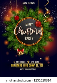 Merry Christmas party invitation poster with main information vector. Special guests and evening program, free drinks. Pine evergreen tree branches and baubles, confetti and symbolic toys decor