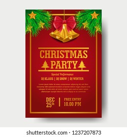 Merry Christmas party invitation poster banner template with gold text and fir garland decoration and golden bell on red background. vector illustration