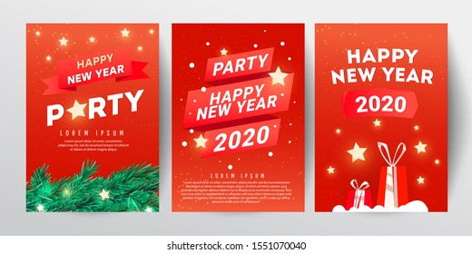 Merry Christmas party invitation poster template set with mountains, spruce trees, gifts background and calligraphy text.