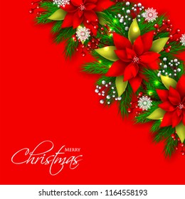 Merry Christmas Party invitation with red poinsettia flowers fir pine branch wreath and snowflake on red background