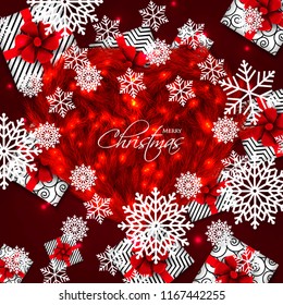Merry Christmas Party invitation with red fir pine branch gift box with red bow and snowflake Winter holiday greeting card Christmas traditional decorations tinsel. Xmas ribbon garland vector