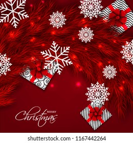 Merry Christmas Party invitation with red fir pine branch gift box with red bow and snowflake Winter holiday greeting card Christmas traditional decorations tinsel. Xmas ribbon garland vector