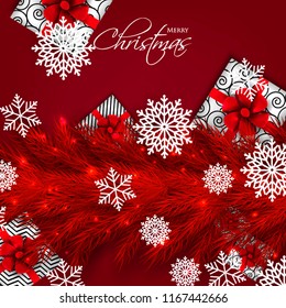 Merry Christmas Party invitation with red fir pine branch gift box with red bow and snowflake Winter holiday greeting card Christmas traditional decorations tinsel. Xmas ribbon garland vector