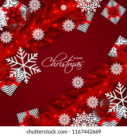 Merry Christmas Party invitation with red fir pine branch gift box with red bow and snowflake Winter holiday greeting card Christmas traditional decorations tinsel. Xmas ribbon garland vector