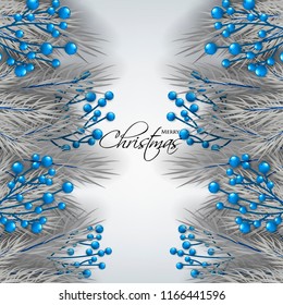 Merry Christmas Party invitation season greeting card Winter party invitation wreath of fir pine branches grey blue berry